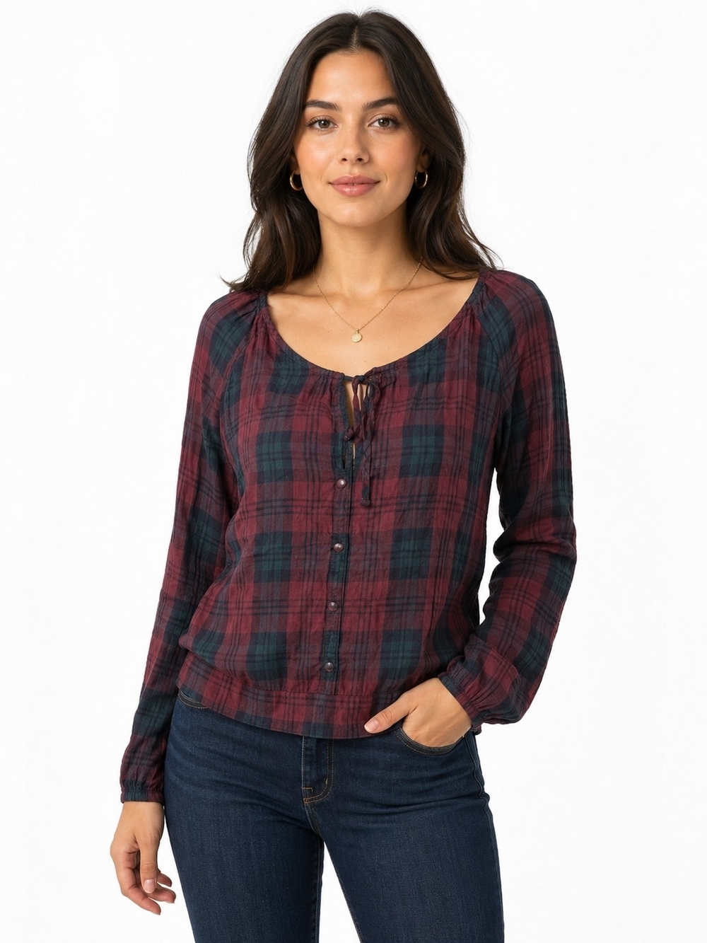 Express Burgundy and Dark Green Plaid Scoop-Neck Button Front Blouse